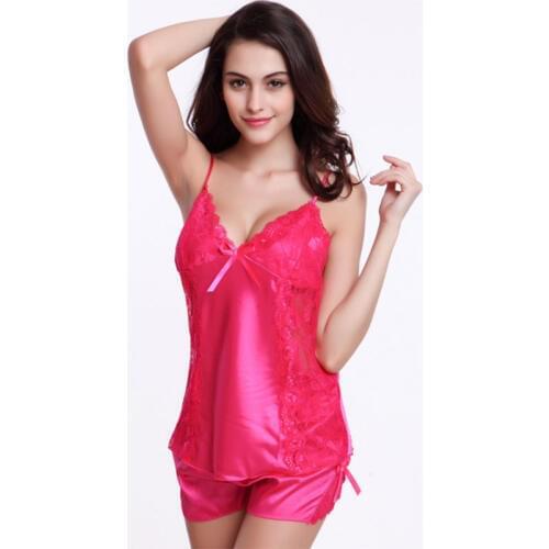 Hot ! Summer New Arrival Women Nightwear Sexy V-neck Silk Sleeveless Top & Shorts Pajamas 10 Color Sleepwear Size M~XXL iT279