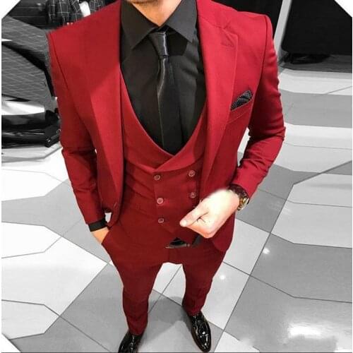 Mens Red Notched Lapel Wedding Suits Evening Party Prom Bridegroom Custom Made Slim Fit Casual Three Pieces Best Man Tuxedos