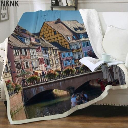 NKNK Brank City Blanket Houses 3D Print River Bedding Throw Romantic Bedspread For Bed Sherpa Blanket Fashion High Quality Adult