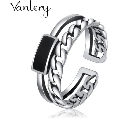 Wholesale Antique Silver Color Black Chains Rings For Women Statement Jewelry Finger Ring anillos mujer bijoux