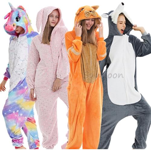 Adults Animal Unicorn Pajamas Winter Sleepwear Kigurumi Panda Rabbit Wolf Pyjamas Women Onesies Anime Costumes Jumpsuit