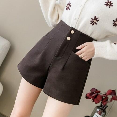 Casual Streetwear Brown Black Shorts Women Vintage Winter Wool High Waist Short Femme Loose Wide Leg Button A Line Ladies Shorts