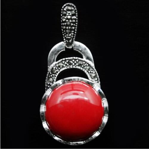 VINTAGE 925 STERLING SILVER IMITATION RED CORAL MARCASITE NECKLACE PENDANT 40X20MM