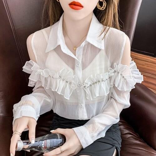 Bask chiffon unlined upper garment of female summer new fashion design feels loose long-sleeved shirts that show a shoulde