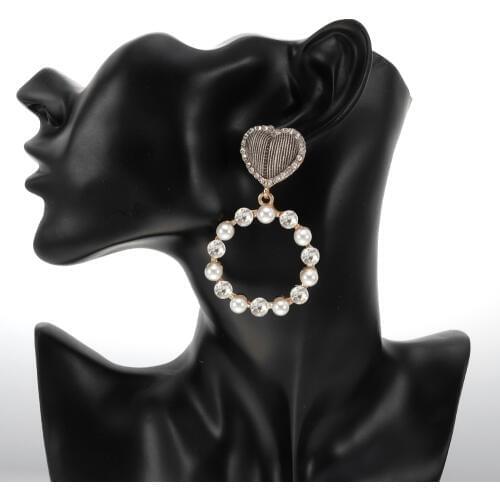 Hot Fashion White Simulated Pearl Dangle Earrings Gold Color Rhinestones Heart Shape Jewelry For Women Girl