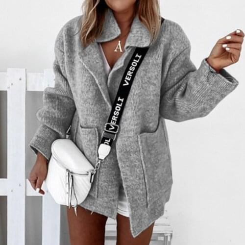 Women Elegant Knitted Sweater 2021 Winter Autumn Solid Long Sleeve Pocket Thick Sweaters Ladies Turn-Down Collar Cardigan Tops