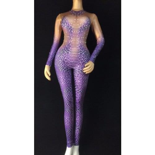 2012 Purple Crystals Printed Snake Jumpsuit Party Stage Wear Rompers Costume Womens Performance Party Celebrate Bodysuit Outfit