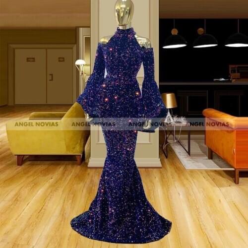 Spring Women Long Sleeves Blue Mermaid Evening Dress 2021 Glitter Sequin High Neck Caftan Arabic Prom Gowns Party Dresses AN3557