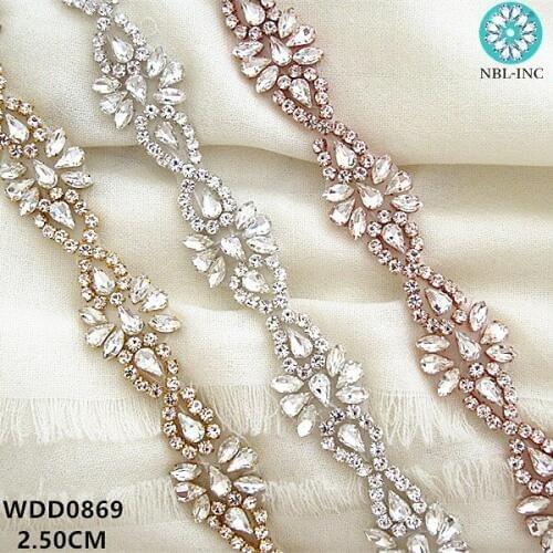 10 yards) Wholesale bridal hand beaded sewing crystal rhinestone applique trim iron on for wedding dress WDD0869
