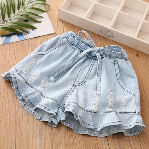 2021 Summer New Fashion 3-6 8 10 12 Years Toddler Children Clothes Hole Drawstring Cotton Kids Baby Denim Jeans Shorts For Girls