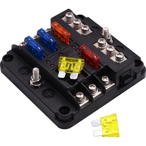 32V Plastic Cover Fuse Box Holder 6 Ways Blade M5 Stud With LED Indicator Light for Auto Car Boat Marine Trike