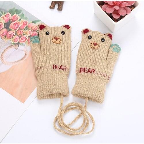 ARLONEET Kid Girls Boys Winter Knit Thicken warm Gloves Mittens knitting Stitching Plus velvet Cartoon animal Lanyard Gloves CD0