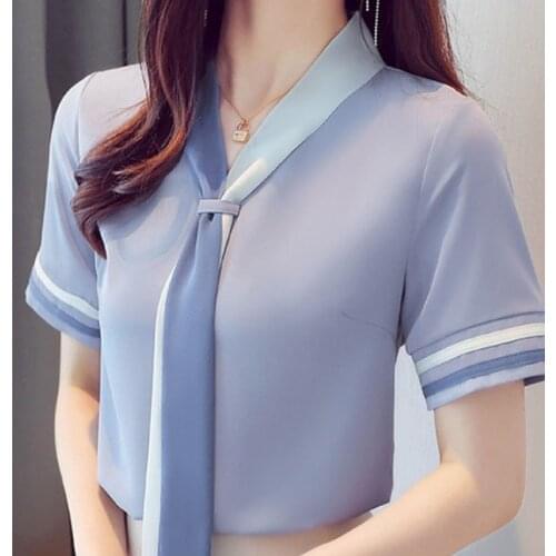Blusas Blouses Femme Short Sleeve Blouse Women Blusas Mujer De Moda 2021 Verano Bow V-Neck Chiffon Blouse Shirt Tops Women E775