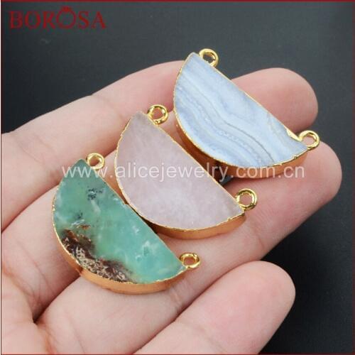 BOROSA Gold Color Half Moon Natural Multi-Kind Stones Connector Druzy Drusy Connectors Pendants Gems for Necklace G1025