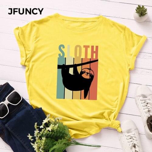 JFUNCY Funny Sloth Print Women Oversized T-shirts Plus Size Short Sleeve Casual Loose Woman Tee Tops Female Summer Cotton Tshirt