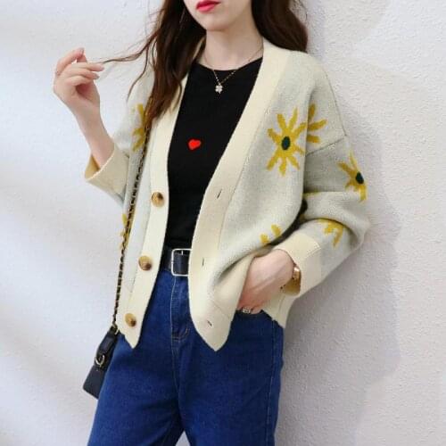 Autumn Flower Loose Coat Sweater Womens Cardigan New Korean Fashion Knit Cardigans Lady Loose Sweaters Women Coat