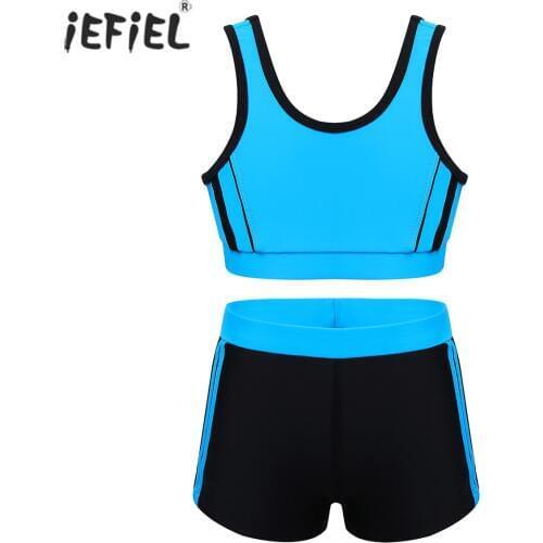 Summer Girls Swimwear Round Neck Sleeveless Crop Top with Bottoms Sport Bathing Suit Fashion Kids Girls Two Piece Swimsuit