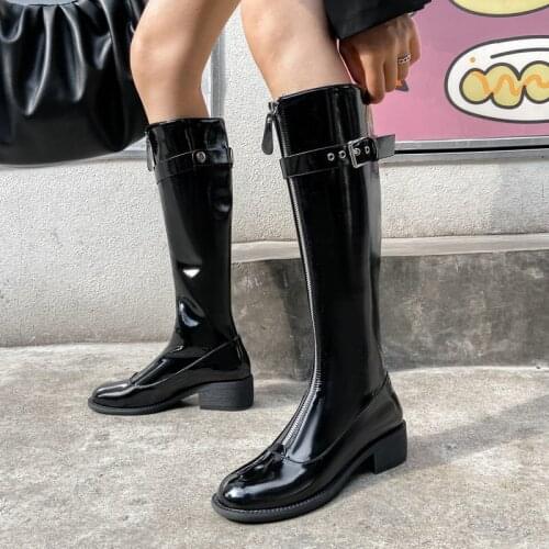 Fashion Patent Leather Motorcycle Boots Low Heel Women Boots Spring Autumn Knee High Boots Buckle Winter Woman Shoes Black Blue