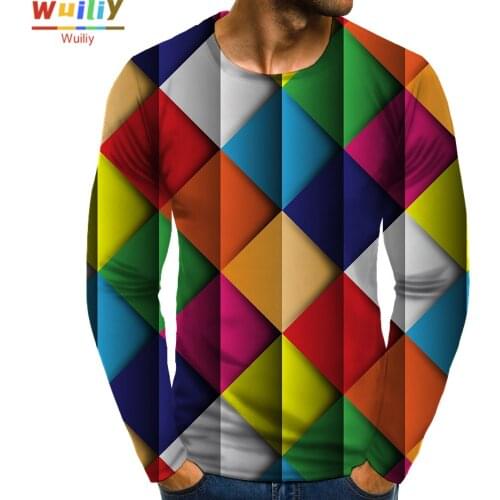 Mens Color Long T Shirt 3D Print Long Sleeve Checkered Graphic Long Tees Pattern Tops Men/Women Tee