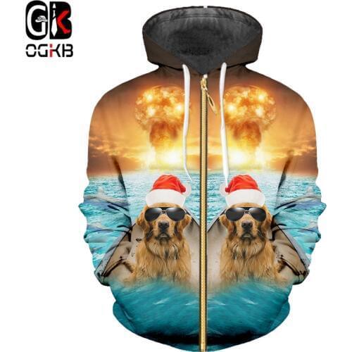 OGKB Winter Christmas Man 3D Printed Fish And Sunglasses Dog Personality Explosion Background Spandex Zip Hoodies