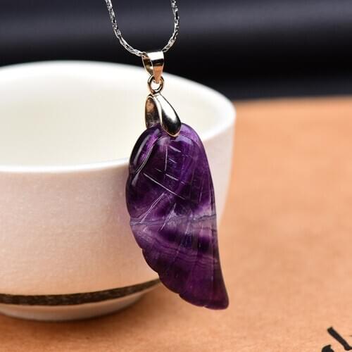 Fashion Simple Natural Amethyst Color Fluorite Angel Wing Pendant Hand Polished Increase Lovers Charm Pendant Necklace DIY Gift