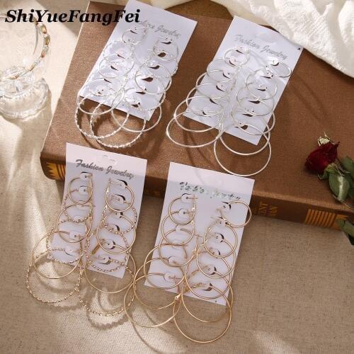 Oversize Gold Color Big Circle Hoop Earrings Set for Women Vintage Steampunk Ear Clip Wedding Party Jewelry Gift 2020 Wholesale