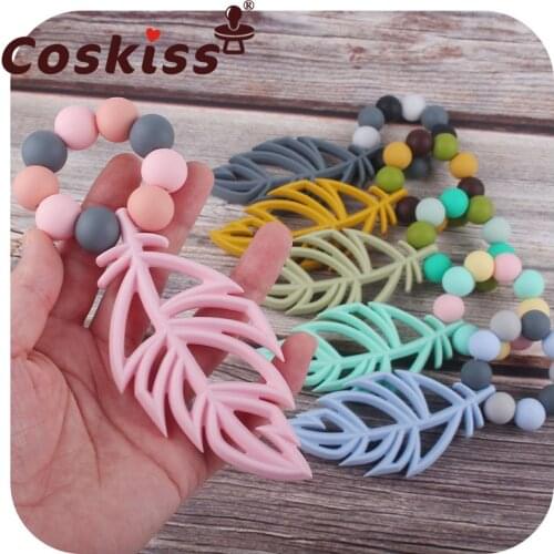 Coskiss Silicone Leaf Pendant Bracelet 15MM Round Silicone Beads Infant Baby Teething Bracelet Molar for Newborn Chew Feeding