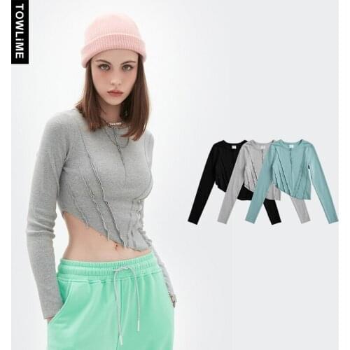 Sexy Ladies Irregular Crop Tops Women Stylish Skinny Long Sleeve T shirt Femme Punk Hip Hop Casual Fitness Pullover Top Girl Tee