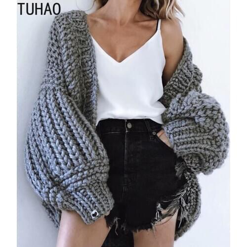 TUHAO Fall and Winter Sweater Pure Color Hand Knitted Lantern Sleeve Female Cardigans Outerwear Woman Sweaters T18092