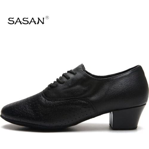 SASAN Latin Dance Shoes Simple Style Mens Adult GB Ballroom Leather Light Black Delicate Texture Soft Bottom Dance Shoes 7736
