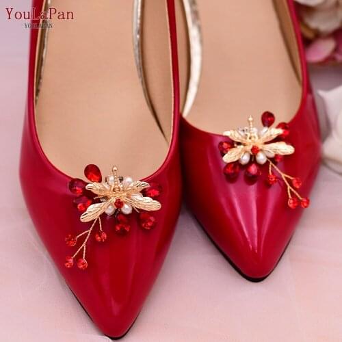 YouLaPan X43 Handmade Red Rhinestone Shoe Clip Charm Women Gold Leaf Shoe Buckle Bridal High Heels Decoration Wedding Accesories