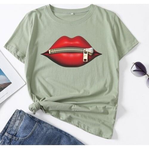 Zipped Lip Zip Your Lips Mouth Woman T-Shirt Short Sleeve T-Shirts Summer Tops for Women Cotton Graphic Tee Female Shirt Clothes