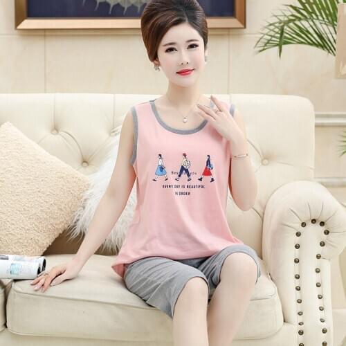 Summer 100%Cotton Cartoon Womens Vest Pajamas Round Neck Sleeveless Loose Soft Plus Size M-4XL Two Pieces Set Girls Sleepwear