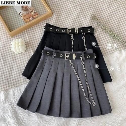 Women Harajuku Pleated Mini Skirts High Waist Japanese Style Cute Kawaii School Girls Sweet Short Skirt with Chain Belt