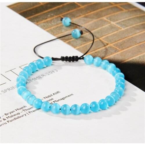 Handmade Women Beads Bracelet 6mm Round Polished Blue Pink Cat Eye Glass Beads Braided Bracelet for Female Girls Lovely Jewelry