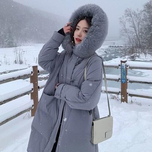 Women Winter Real Raccoon Fox Fur Long Down Jacket Vintage Female 90% White Duck Down Coat Loose Hooded Lady Thick Warm Overcoat