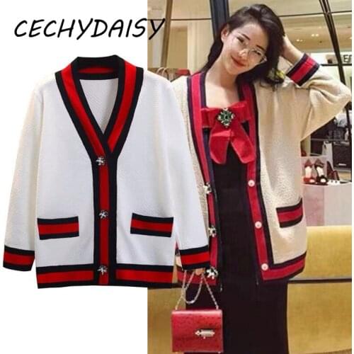 Knitted Sweater Cardigans Women Striped Single Breasted V-Neck Long Sleeve Loose Casual 2021 Autumn Winter Traf Tops Pull Femme