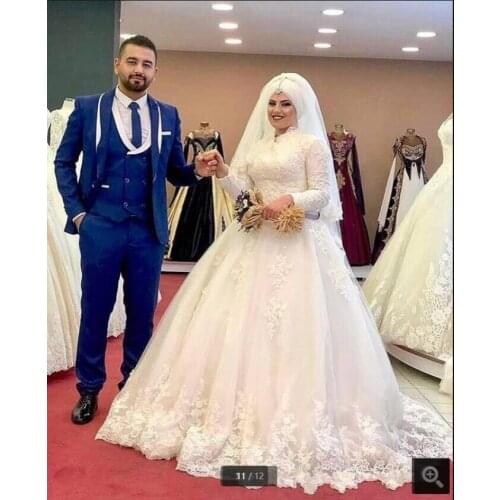 Vestido De Festa white tulle ball gown wedding dresses high neckline long sleeve modest princess bridal gowns floor length vinta