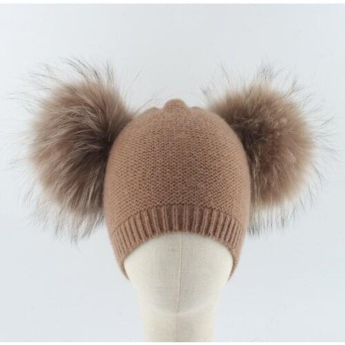 Winter Hat Baby Boy Girl With Double Pompom Knit Beanie Real Raccoon Fur Autumn Warm Skiing Accessory For Kids Toddlers