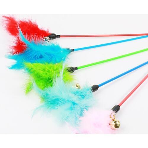 1PCS Random Color Cat Stick Toy Fake Colorful Feather Small Bell Cat Teaser Toy Cat Play Toy Interactive Stick Toy for Kitten