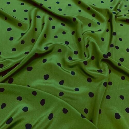 140CM Wide 16MM Black Dots Print Green Silk Crepe de Chine Fabric for Summer Dress Shirt Cheongsam Suit Pants G033