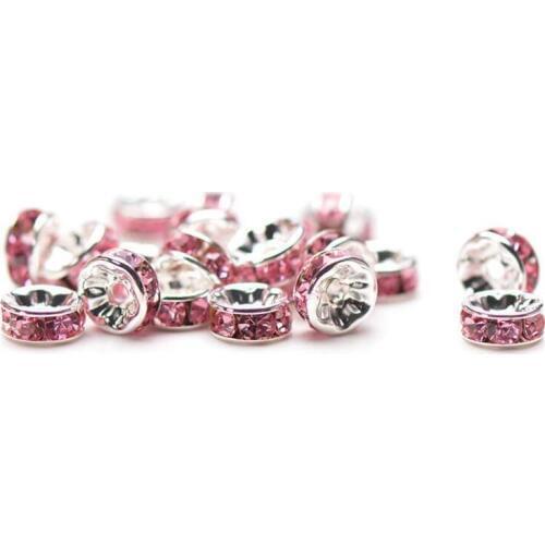 6mm 8mm Wholesale 100PCS Pink Rhinestone Silver Rondelle fit Czech Crystal Rondelle Spacer Beads bracelet necklace earring DIY