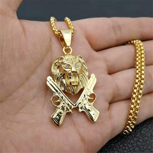 Lion Head Gun Charms Necklace Rock Punk Style Men/Women Jewelry Gold Color Stainless Steel Chain Necklace & Pendant T1347