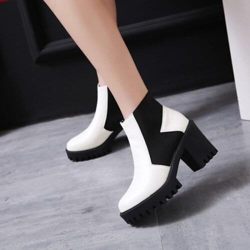 Black White Platform Ankle Boots Women High Heels Boots Ladies Autumn Winter Elastic Band Booties Woman Shoes 2021 Dropshipping