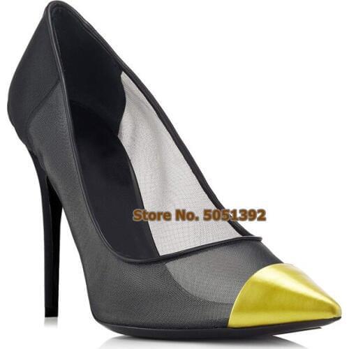 Black Mesh Patchwork PU Leather Pointed Toe Pumps High Heel Women Sandals Ladies Sexy Large Size Shoes