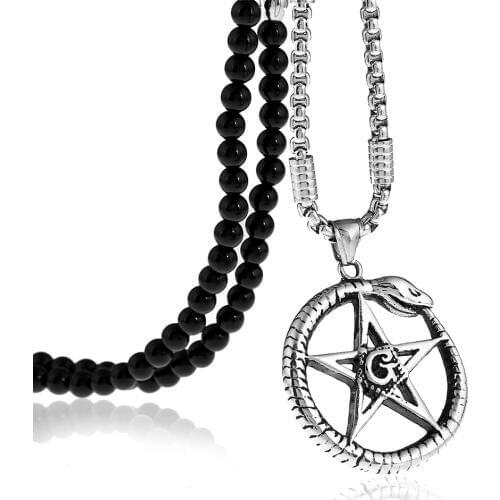 Freemason Masonic ekg HeartBeat Star of David Snake Pendant Necklace with Black Natural Stone Beaded Necklace 27inches