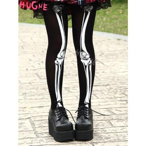 Gothic Black Nylon Lolita Tights White Skeleton Print