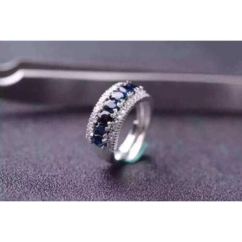 Natural blue sapphire gem Ring Natural gemstone ring S925 sterling silver trendy luxurious array women girl wedding gift Jewelry