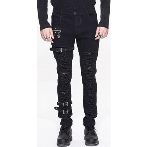 Punk Rock Men Jeans Caual Long Pants Holes Metal Pencil Pants Personality Trousers Black Jeans Performance Costume