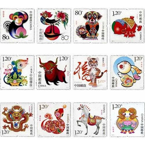 Set 12 PCS China Zodiac Stamps 2004-2015, Mouse Ox Tiger Dragon Snake Horse Goat Monkey Dog Pig, Real Stamp , Chinese Year Gift